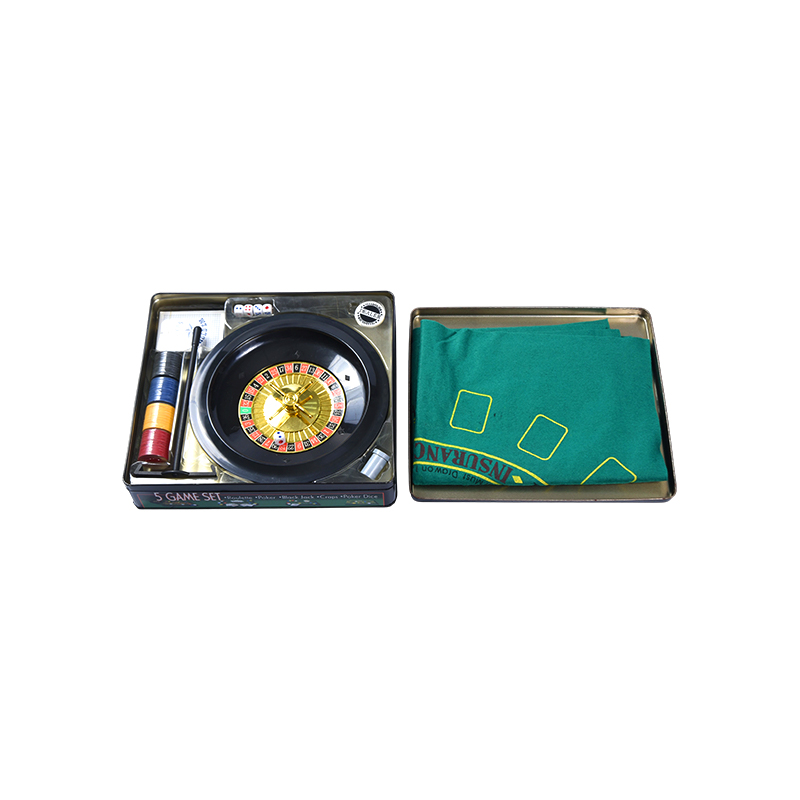 5-in-1 Casino Game Set – Roulette, Poker, Black Jack, Craps, Poker Dice in Metal Tin