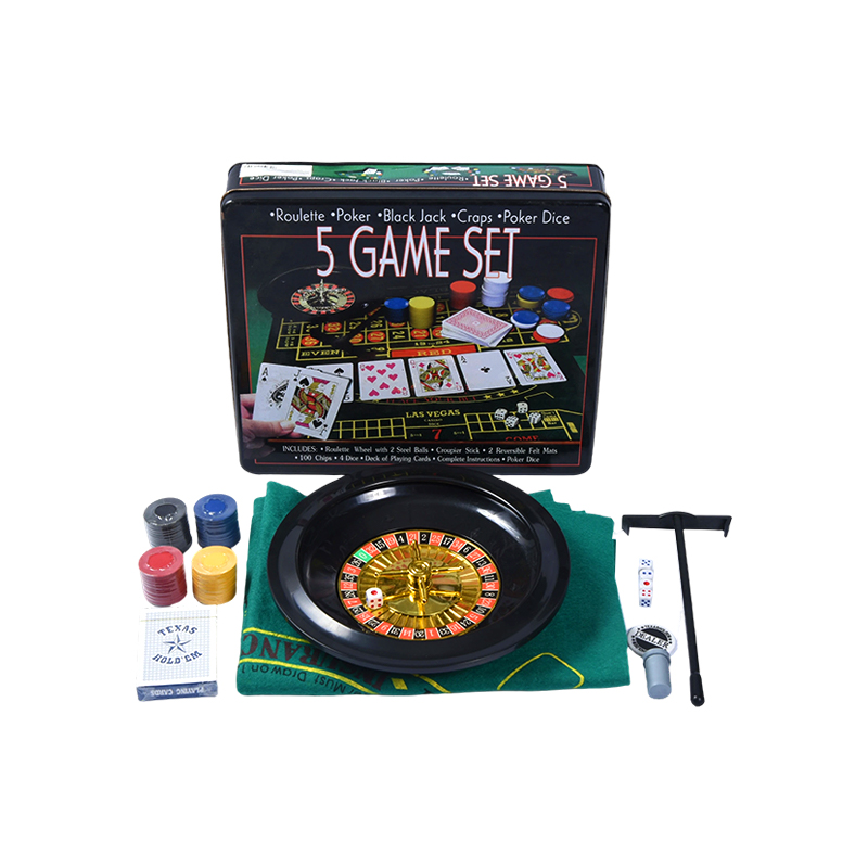 5-in-1 Casino Game Set – Roulette, Poker, Black Jack, Craps, Poker Dice in Metal Tin