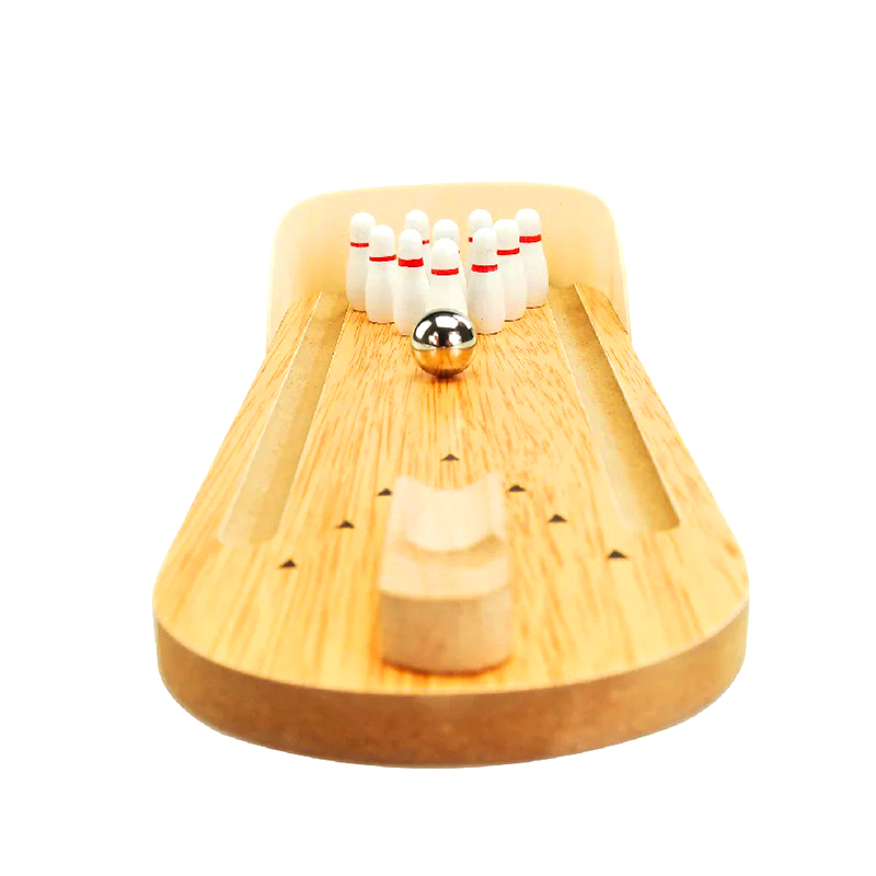Compact Wooden Set with Steel Ball and Pins Mini Desktop Bowling Game