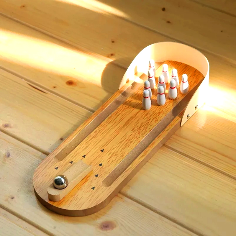Compact Wooden Set with Steel Ball and Pins Mini Desktop Bowling Game