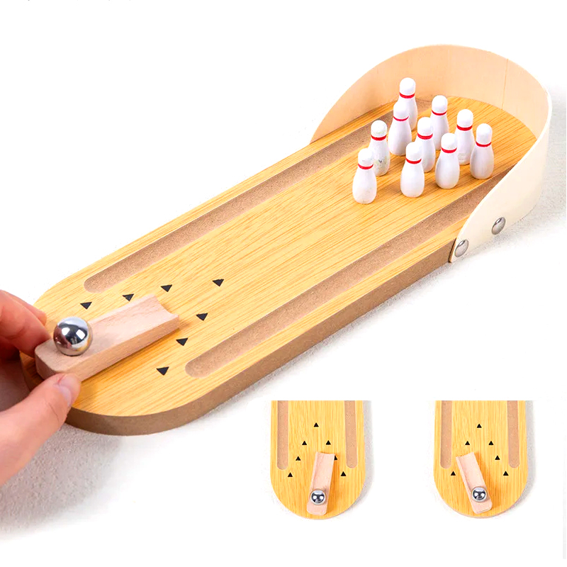 Compact Wooden Set with Steel Ball and Pins Mini Desktop Bowling Game