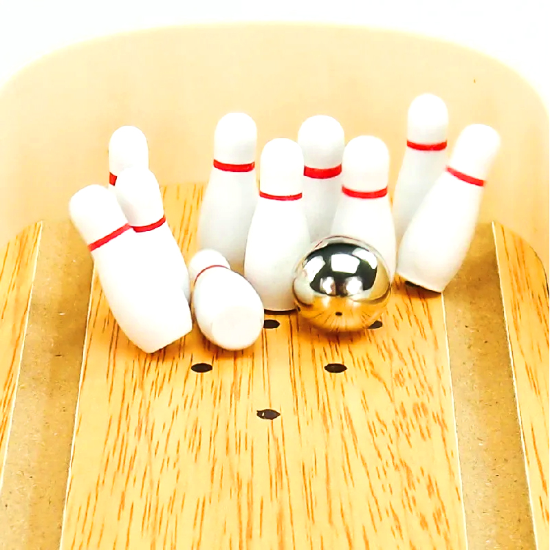 Compact Wooden Set with Steel Ball and Pins Mini Desktop Bowling Game