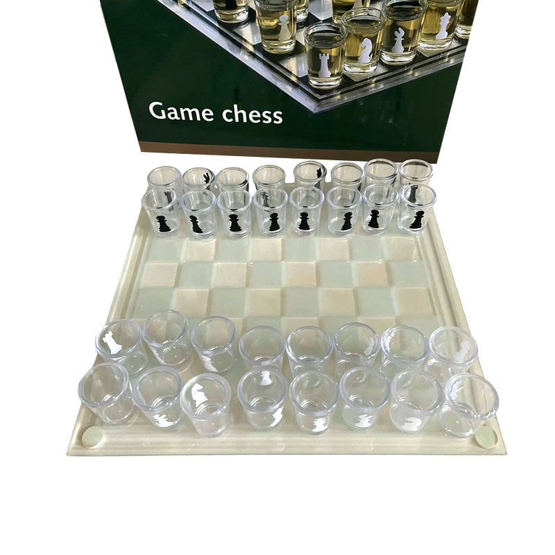 Glass Chessboard with 32 Shot Glasses Featuring Chess Pieces Chess-Themed Shot Glass Set