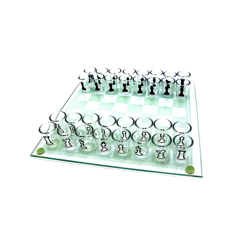 Glass Chessboard with 32 Shot Glasses Featuring Chess Pieces Chess-Themed Shot Glass Set