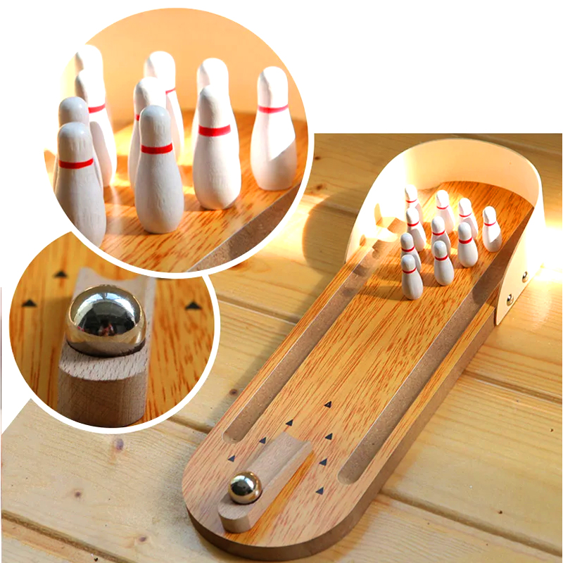 Compact Wooden Set with Steel Ball and Pins Mini Desktop Bowling Game